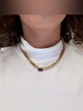 Gold Plated Stainless Steel Chain Necklace with Black Charm